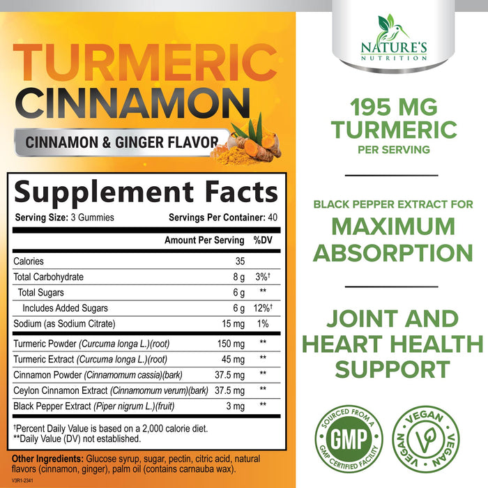 Turmeric Curcumin with Cinnamon & Ginger Gummies 95% Curcuminoids Black Pepper for Max Absorption Joint Support, Nature's Tumeric Herbal Extract Supplement Gummy Capsules, Vegan, Non-GMO - 60 Gummies