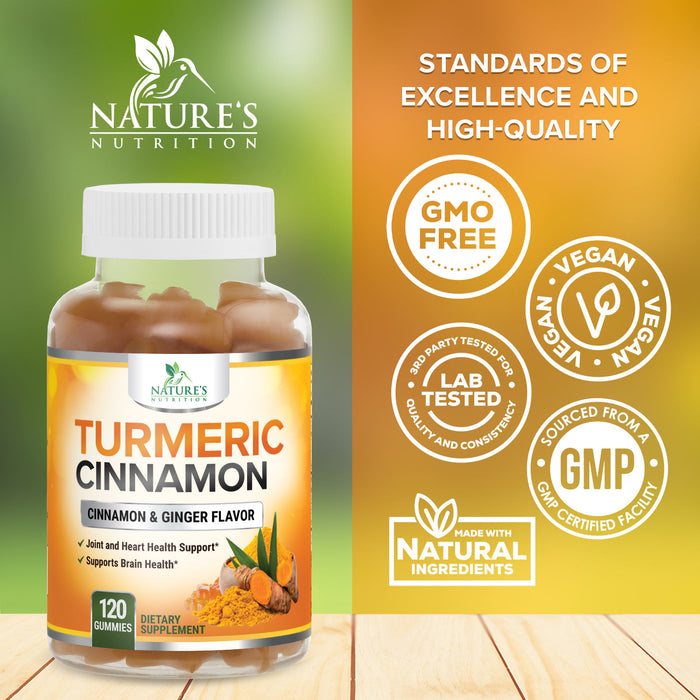 Turmeric Curcumin with Cinnamon & Ginger Gummies 95% Curcuminoids Black Pepper for Max Absorption Joint Support, Nature's Tumeric Herbal Extract Supplement Gummy Capsules, Vegan, Non-GMO - 60 Gummies