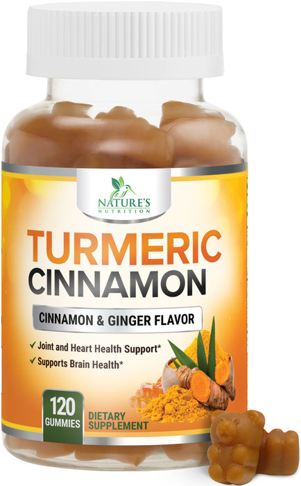 Turmeric Curcumin with Cinnamon & Ginger Gummies 95% Curcuminoids Black Pepper for Max Absorption Joint Support, Nature's Tumeric Herbal Extract Supplement Gummy Capsules, Vegan, Non-GMO - 60 Gummies