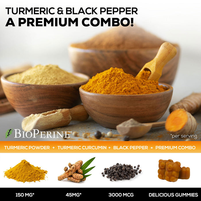 Turmeric Curcumin with Cinnamon & Ginger Gummies 95% Curcuminoids Black Pepper for Max Absorption Joint Support, Nature's Tumeric Herbal Extract Supplement Gummy Capsules, Vegan, Non-GMO - 60 Gummies