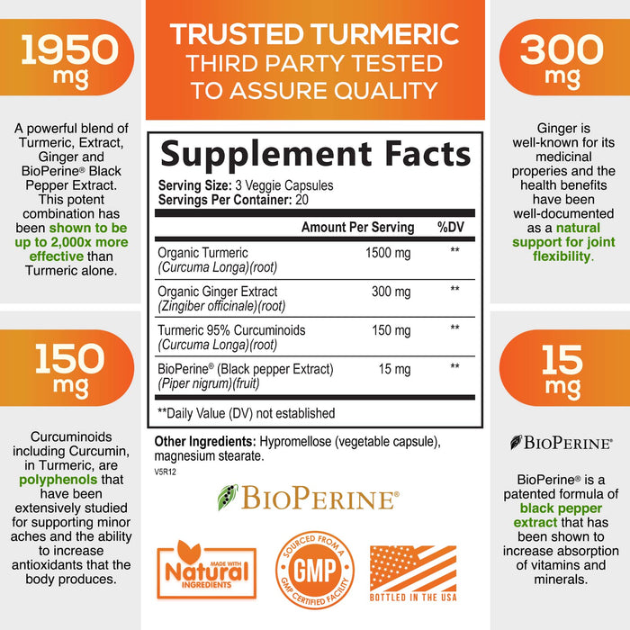 Turmeric Curcumin with BioPerine & Ginger 95% Standardized Curcuminoids 1950mg Black Pepper for Max Absorption Joint Support, Nature's Tumeric Herbal Extract Supplement, Vegan, Non-GMO