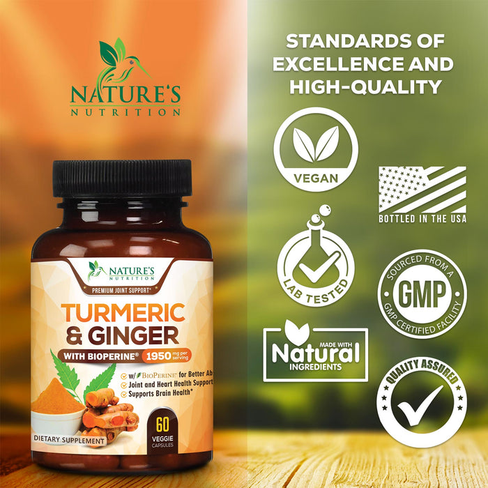 Turmeric Curcumin with BioPerine & Ginger 95% Standardized Curcuminoids 1950mg Black Pepper for Max Absorption Joint Support, Nature's Tumeric Herbal Extract Supplement, Vegan, Non-GMO