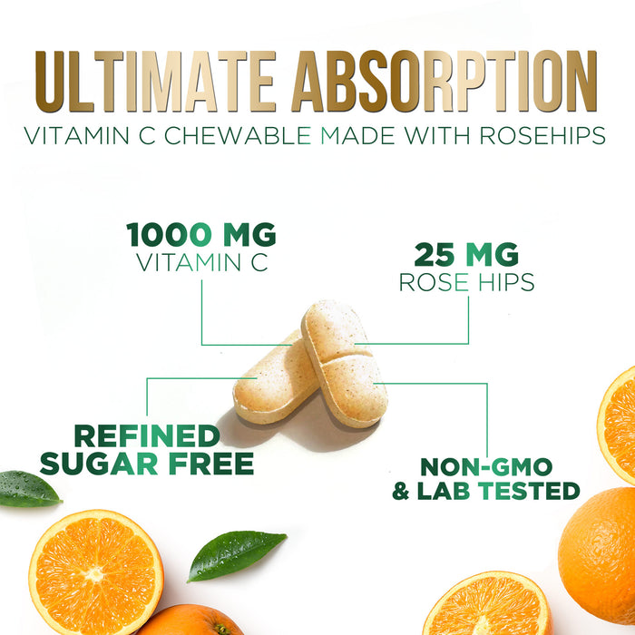 Chewable Vitamin C 1000 mg - Extra Strength Antioxidants for Powerful Immune Support with Vitamin C & Rose Hips - Potent Dietary Vitamin Supplement - Natural, Vegan, Gluten-Free, Non-GMO