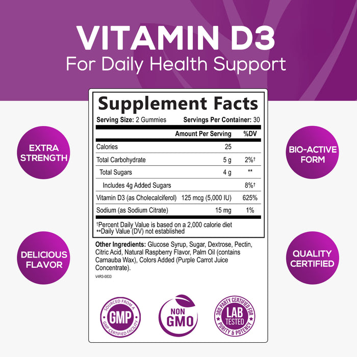 Vitamin D3 Gummies 5,000 IU Extra Strength 125 mcg D3 Supplement Gummy - Support Natural Bone, Muscle, & Immune Health - Gluten Free - Non-GMO - Nature's Raspberry Flavor