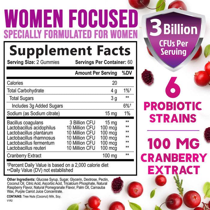 Formulated Probiotics for Women Gummy w/ pH Support - Womens Probiotic for Digestive, Vaginal, Urinary & Immune Health Support, 3 Billion CFU & 6 Diverse Strains w/ Cranberry, Non-GMO