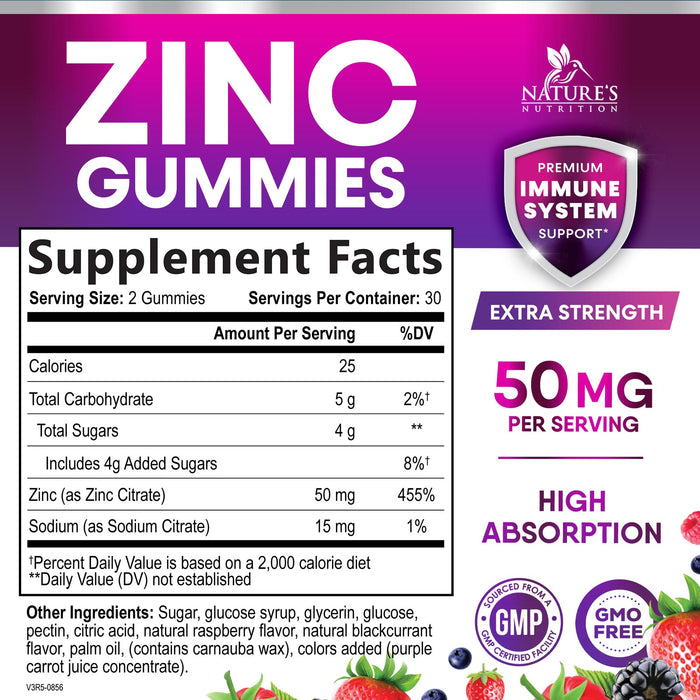 Zinc Gummies - 50mg - Extra Strength Immune Health Support Gummy & Antioxidant Supplement, Dietary Supplement Zinc Vitamin, Vegan, Non-GMO and Gluten Free Formula, Berry Flavor