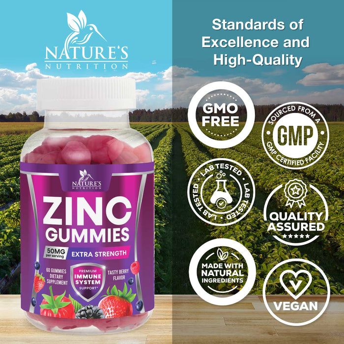 Zinc Gummies - 50mg - Extra Strength Immune Health Support Gummy & Antioxidant Supplement, Dietary Supplement Zinc Vitamin, Vegan, Non-GMO and Gluten Free Formula, Berry Flavor