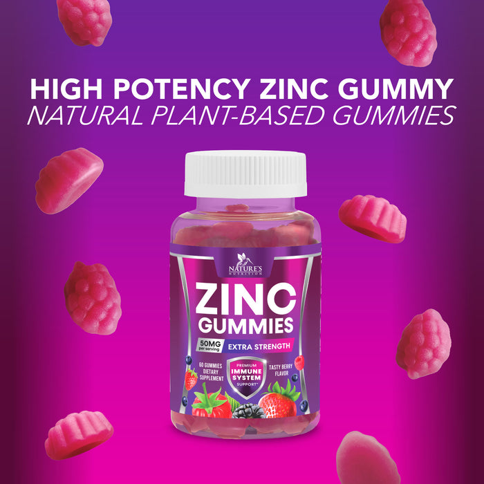 Zinc Gummies - 50mg - Extra Strength Immune Health Support Gummy & Antioxidant Supplement, Dietary Supplement Zinc Vitamin, Vegan, Non-GMO and Gluten Free Formula, Berry Flavor