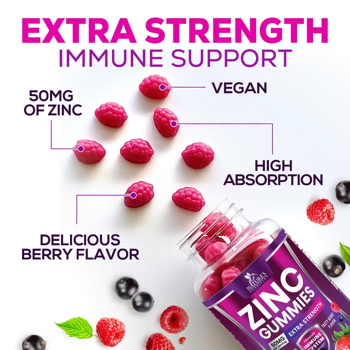 Zinc Gummies - 50mg - Extra Strength Immune Health Support Gummy & Antioxidant Supplement, Dietary Supplement Zinc Vitamin, Vegan, Non-GMO and Gluten Free Formula, Berry Flavor