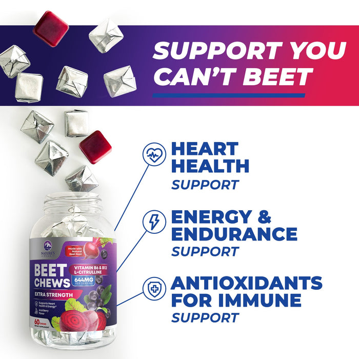Beet Chews - Soft Beet Root Chewables with Grape Seed Extract Supports Heart Health & Energy with Powerful Antioxidants - Beetroot Nitric Oxide Supplement, Acai Berry Flavor - 60 Vegan Soft Chews