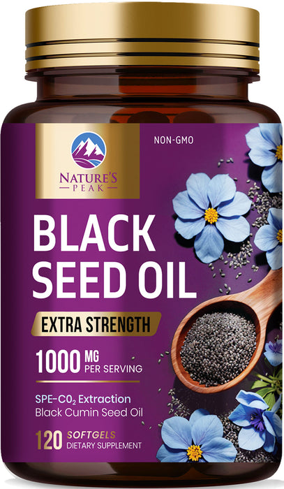 Black Seed Oil Softgels 1000mg - Premium Extra Strength Nigella Sativa Black Seed Oil, Pure Black Cumin Seed Oil for Hair, Skin, Brain Health & Immune Support, Non-GMO, Sugar & Gluten Free