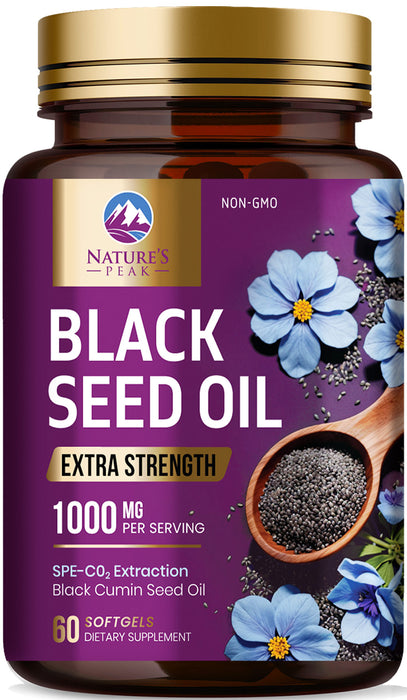 Black Seed Oil Softgels 1000mg - Premium Extra Strength Nigella Sativa Black Seed Oil, Pure Black Cumin Seed Oil for Hair, Skin, Brain Health & Immune Support, Non-GMO, Sugar & Gluten Free