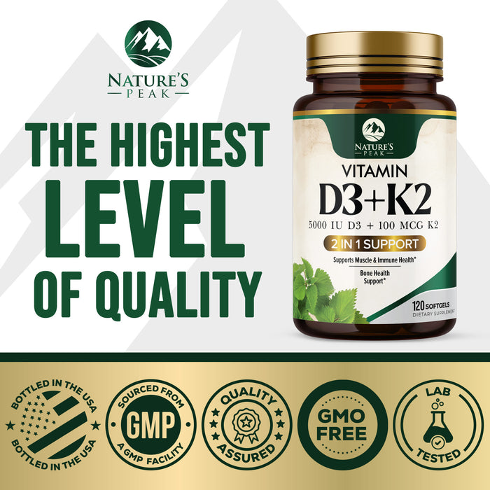 D3 K2 Vitamin 5000 IU | 2-in-1 Vitamin D 5000iu & Mk7 Vitamin K 100 mcg Dietary Supplement for Bone & Immune Support, Bottled in USA, Easy to Swallow, Gluten Free, Non-GMO