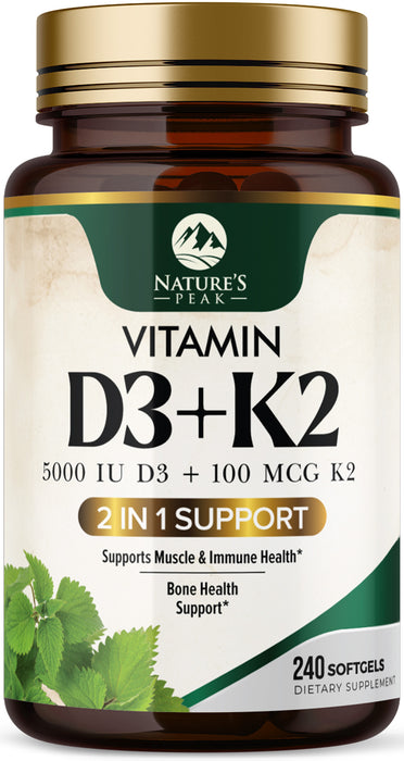 D3 K2 Vitamin 5000 IU | 2-in-1 Vitamin D 5000iu & Mk7 Vitamin K 100 mcg Dietary Supplement for Bone & Immune Support, Bottled in USA, Easy to Swallow, Gluten Free, Non-GMO