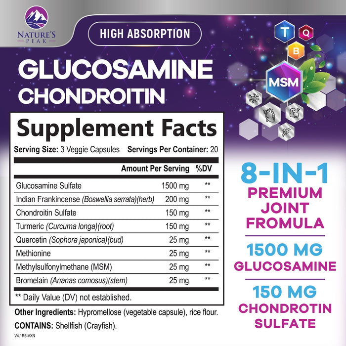 Glucosamine Chondroitin MSM Turmeric Boswellia - Triple Strength Joint Support Supplement - Support for Occasional Discomfort of Back, Knees, & Hands - Mobility Support for Women & Men - 60 Capsules
