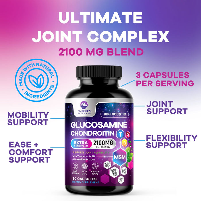 Glucosamine Chondroitin MSM Turmeric Boswellia - Triple Strength Joint Support Supplement - Support for Occasional Discomfort of Back, Knees, & Hands - Mobility Support for Women & Men - 60 Capsules
