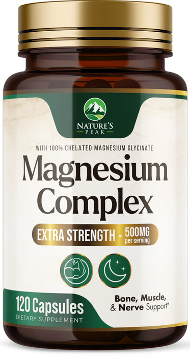 Magnesium Complex 500mg Supplement - Best Blend of Glycinate, Citrate, Malate & Oxide, Supports Sleep, Muscle, Bone & Heart Health, High Absorption, Chelated Magnesium Mineral Supplement, 120 Capsules