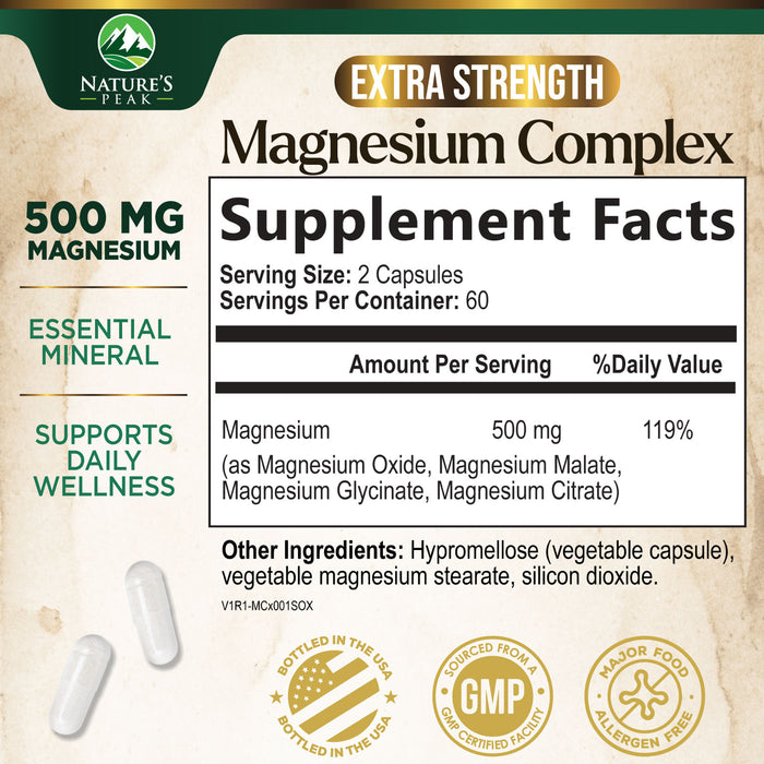 Magnesium Complex 500mg Supplement - Best Blend of Glycinate, Citrate, Malate & Oxide, Supports Sleep, Muscle, Bone & Heart Health, High Absorption, Chelated Magnesium Mineral Supplement, 120 Capsules