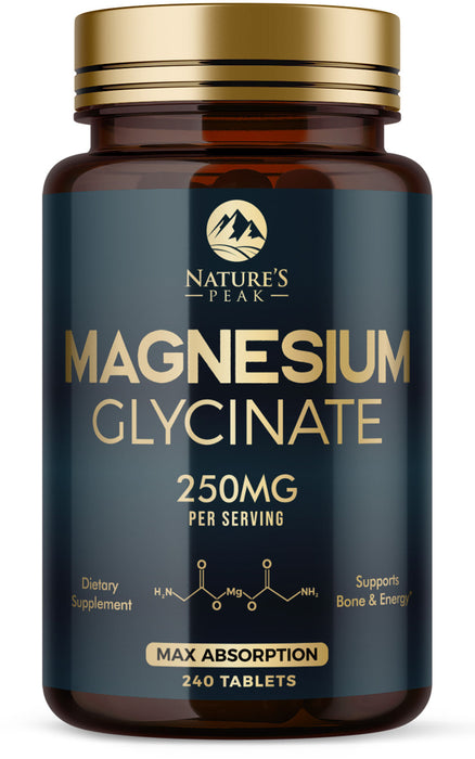 Magnesium Glycinate 250mg - 100% Chelated for Max Absorption, Magnesium Capsules for Bone, Muscle & Heart Health Support