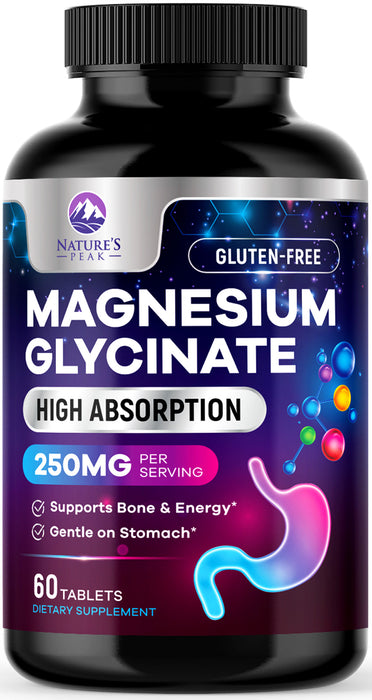 Magnesium Glycinate 250mg - 100% Chelated for Max Absorption, Magnesium Capsules for Bone, Muscle & Heart Health Support