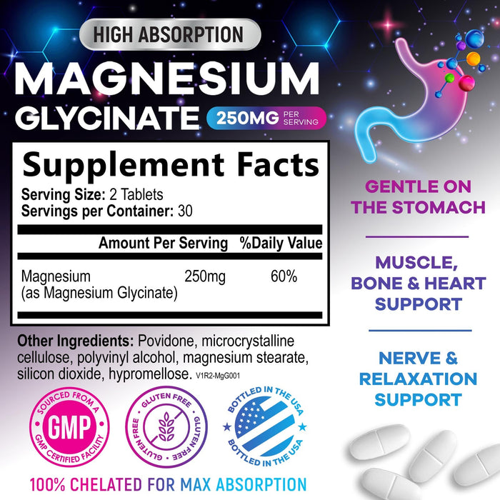 Magnesium Glycinate 250mg - 100% Chelated for Max Absorption, Magnesium Capsules for Bone, Muscle & Heart Health Support