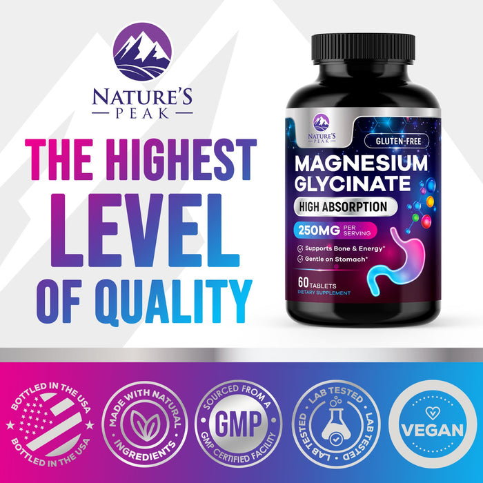 Magnesium Glycinate 250mg - 100% Chelated for Max Absorption, Magnesium Capsules for Bone, Muscle & Heart Health Support