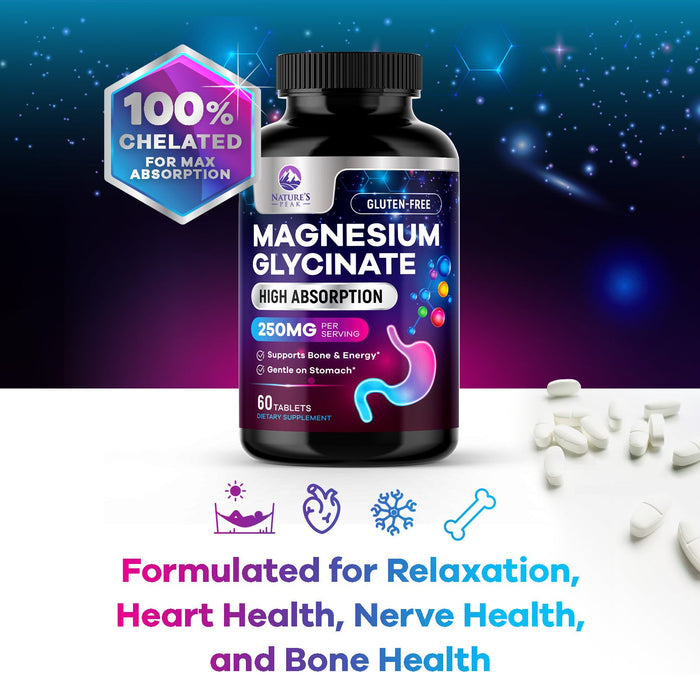 Magnesium Glycinate 250mg - 100% Chelated for Max Absorption, Magnesium Capsules for Bone, Muscle & Heart Health Support