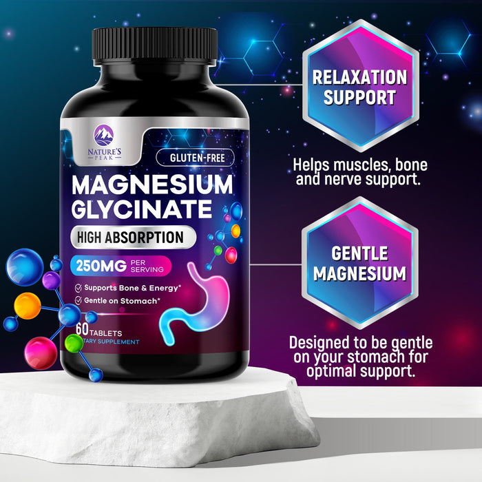 Magnesium Glycinate 250mg - 100% Chelated for Max Absorption, Magnesium Capsules for Bone, Muscle & Heart Health Support