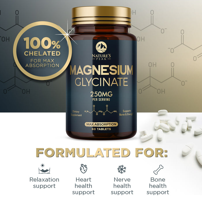 Magnesium Glycinate 250mg - 100% Chelated for Max Absorption, Magnesium Capsules for Bone, Muscle & Heart Health Support