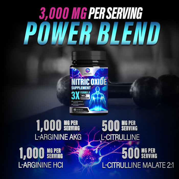 Nitric Oxide Supplement 3000mg L Arginine 3X Strength - Citrulline Malate & AKG - Extra Strength Muscle Supporting Nitric Booster for Muscle Growth & Workout Recovery to Train Harder - 60 Capsules