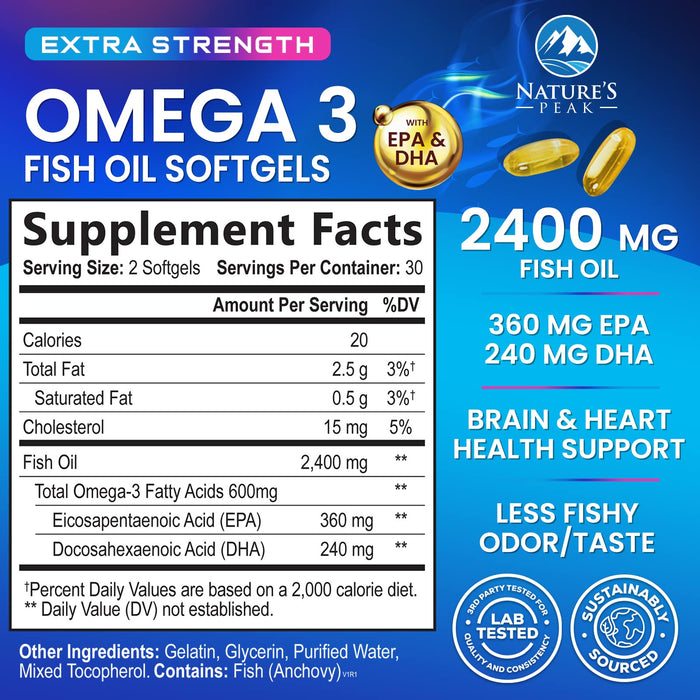 Triple Strength Omega 3 Fish Oil 2400 mg Softgels, Nature's Fish Oil Supplements, Brain & Heart Health Support - EPA & DHA, 1200 MG Fish Oil in Each Softgel, Omega-3 Supplement Softgels
