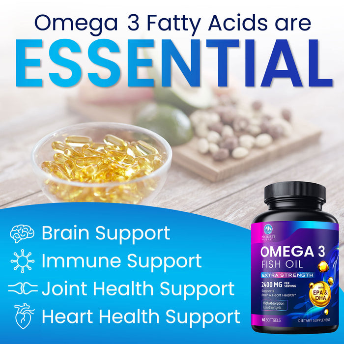Triple Strength Omega 3 Fish Oil 2400 mg Softgels, Nature's Fish Oil Supplements, Brain & Heart Health Support - EPA & DHA, 1200 MG Fish Oil in Each Softgel, Omega-3 Supplement Softgels