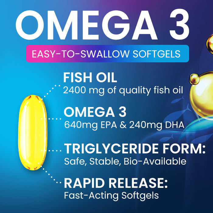 Triple Strength Omega 3 Fish Oil 2400 mg Softgels, Nature's Fish Oil Supplements, Brain & Heart Health Support - EPA & DHA, 1200 MG Fish Oil in Each Softgel, Omega-3 Supplement Softgels