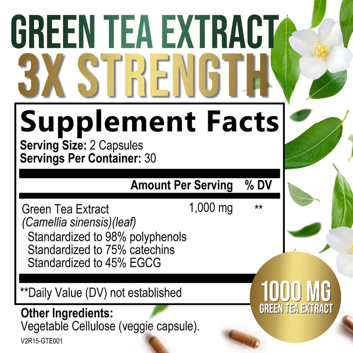 PureTea Green Tea Extract Pills 1000mg with EGCG - 98% Standardized Polyphenols - 3X Absorption Green Tea Capsules for Natural Energy - Heart Support with Antioxidants, Gentle Caffeine
