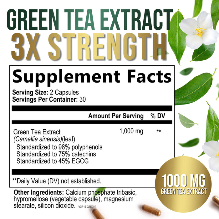 Green Tea Extract Capsules 1000mg with 98% Standardized Polyphenols & 45% EGCG for Heart Support with Antioxidants - 3X Absorption Green Tea Pills for Natural Energy, Gentle Caffeine - 60 Capsules