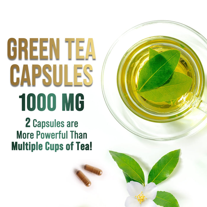 PureTea Green Tea Extract Pills 1000mg with EGCG - 98% Standardized Polyphenols - 3X Absorption Green Tea Capsules for Natural Energy - Heart Support with Antioxidants, Gentle Caffeine