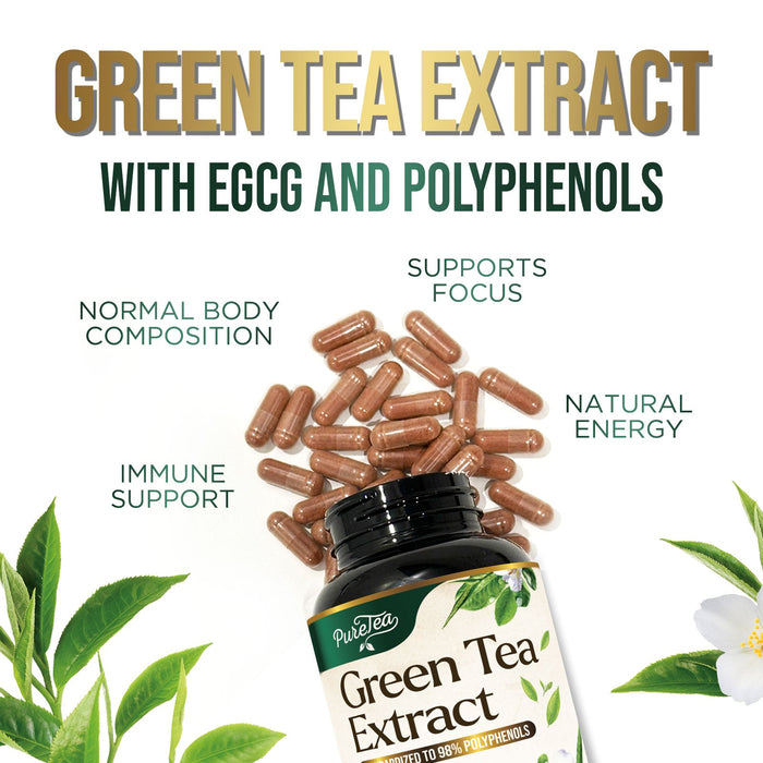 PureTea Green Tea Extract Pills 1000mg with EGCG - 98% Standardized Polyphenols - 3X Absorption Green Tea Capsules for Natural Energy - Heart Support with Antioxidants, Gentle Caffeine