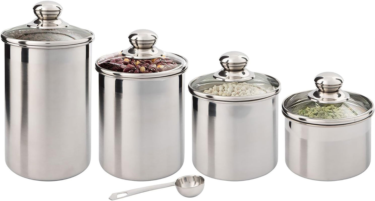 Kitchen Canister Set - Airtight Stainless Steel Canisters with Glass Lids - Clear See-Thru Top - Containers Set for Kitchen - Ideal for Food, Flour, Sugar, Coffee, Tea & Pantry Storage