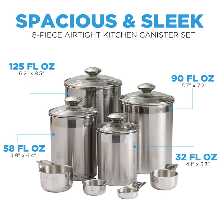 Kitchen Canister Set - Airtight Stainless Steel Canisters with Glass Lids - Clear See-Thru Top - Containers Set for Kitchen - Ideal for Food, Flour, Sugar, Coffee, Tea & Pantry Storage