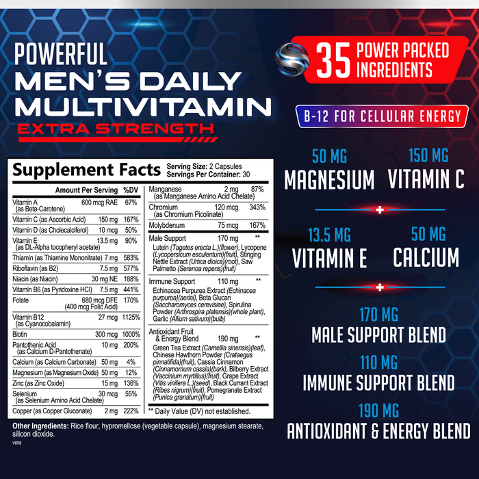 SILVERONYX Multivitamin for Men Daily Multi Vitamins Supplement, Extra Strength Once A Day Multimineral - Made in USA - Vitamins A C E D B1 B2 B3 B5 B6 B12, Magnesium, Zinc - Natural, Non-GMO