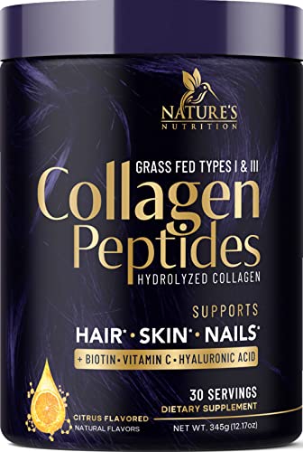 Collagen Peptides Powder With Hyaluronic Acid and Biotin, Citrus Flavored 10g Grass Fed Collagen Powder for Women with Type I & III Collagen Supplements, Hair, Nail, Skin & Joint Support - 30 Servings