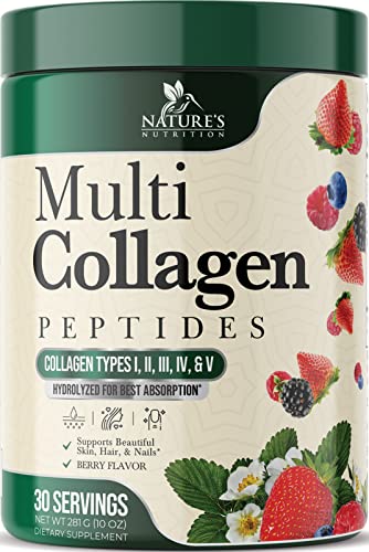 Nature's Nutrition Collagen Peptides Powder - Grass Fed Hydrolyzed Protein, Type I, II, III, IV, & V, Hair, Skin, Nails & Joint Support, Keto, Paleo, Non-GMO, Collagen Powder for Women - 30 Servings