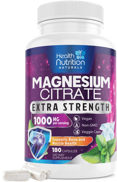 Magnesium Citrate 1000mg - Max Strength Magnesium Capsules for Muscle, Nerve, Bone and Heart Health Support, Natural Sleep Support, High Absorption Citrate Oxide Powder Complex