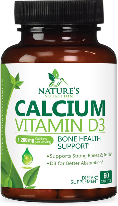 Calcium 1200 mg Plus Vitamin D3, Bone Health & Immune Support - Nature's Calcium Supplement with Extra Strength Vitamin D for Extra Strength Carbonate Absorption