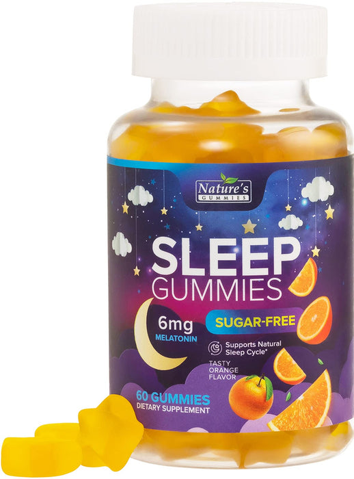 Nature's Gummies Sleep Gummies Sugar Free - Extra Strength 6mg Melatonin, Natural Sleeping Gummy for Adults and Kids, Orange Flavored, Vegan, Non-GMO, Sleep Vitamin Support Supplement - 60 Gummies