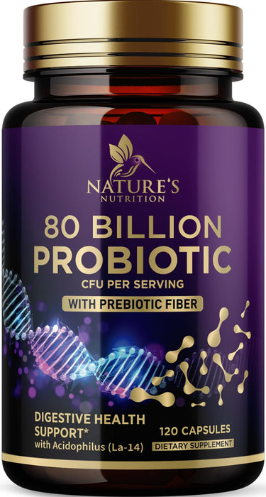 Nature's Nutrition Probiotics 80 Billion CFU + Prebiotics, Acidophilus Probiotic Supports Immune System & Digestive Health, Supports Occasional Constipation, Supplement for Women Feminine Health