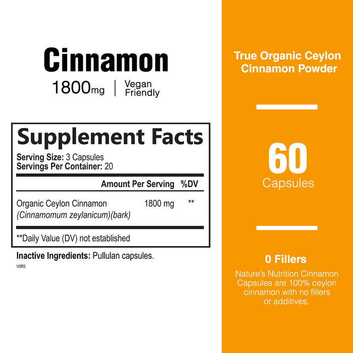 Pure Cinnamon Capsules, Certified Organic Ceylon Cinnamon Pills, Non-GMO, Gluten-Free, Dairy-Free, Sri Lanka Cinnamon Powder Supplement, Best Vegan True Cinnamomum Vitamins, Sugar Free