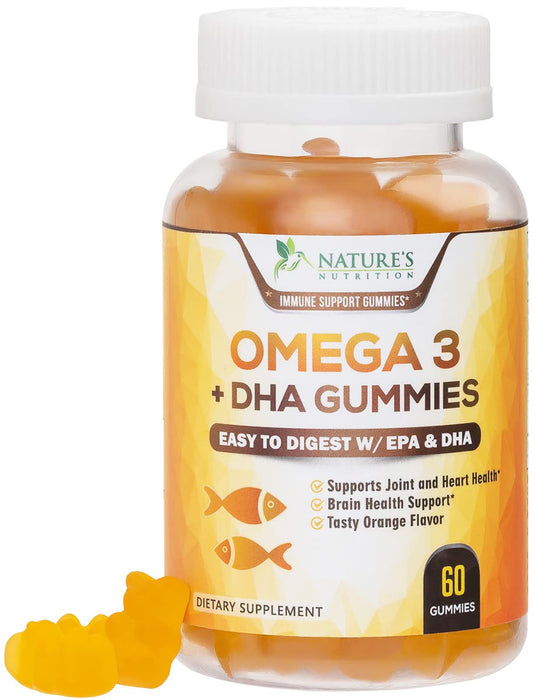 Omega 3 Fish Oil Gummies, Heart Healthy Omega 3s with DHA & EPA, Extra Strength Joint & Brain Support, Omega 3 Fish Oil Supplement Nature's Gummy Vitamin for Men & Women, Orange Flavor