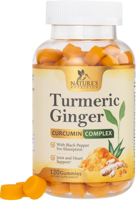 Turmeric Curcumin & Ginger Gummies 95% Curcuminoids with Black Pepper Extract for Max Absorption Joint Support, Nature's Tumeric Herbal Extract Supplement, Vegan Gummy Capsules, Non-GMO