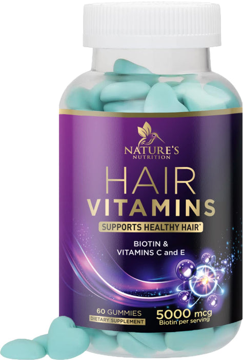 Hair Vitamins Gummy, with Biotin 5000mcg and Vitamins E & C, Advanced Hair Growth Support Gummies for Stronger, Beautiful Hair, Skin & Nails, Nature's Hair Supplement for Women & Men - 60 Gummies
